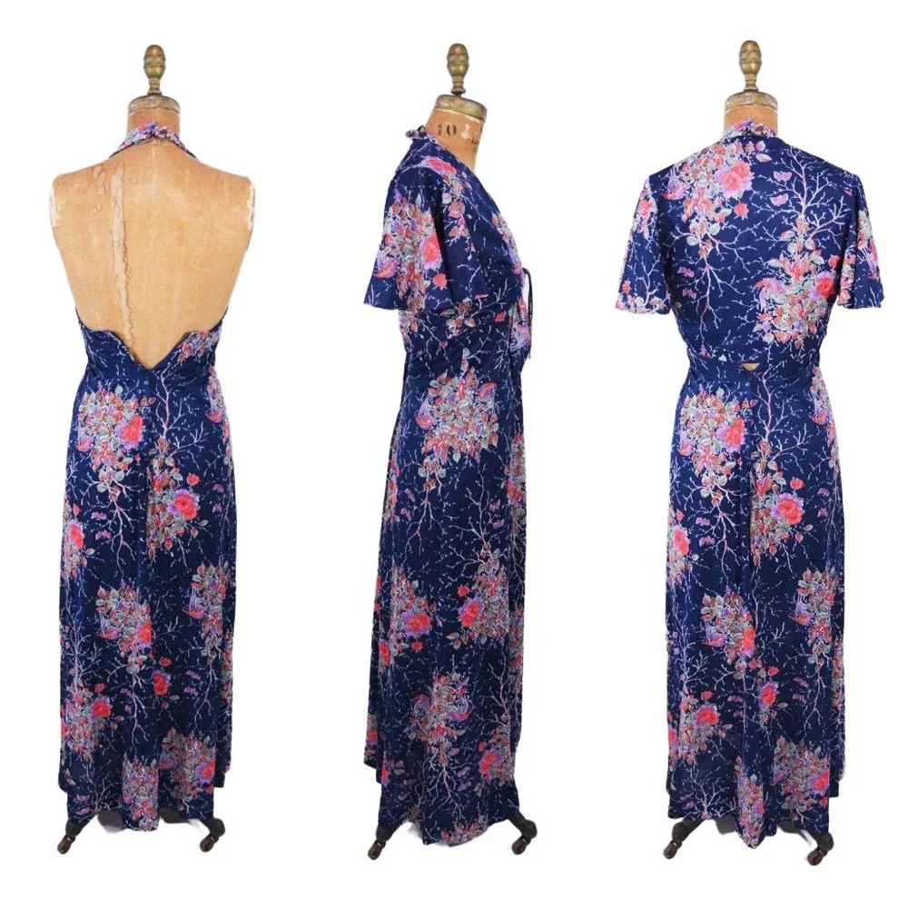 Vintage 1970s Halter Maxi Dress and Capelet Set Dark Floral Print | W 24" - Picture 5 of 5
